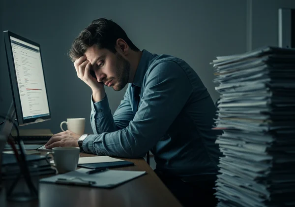 Employee showing multiple signs of stress and burnout.
