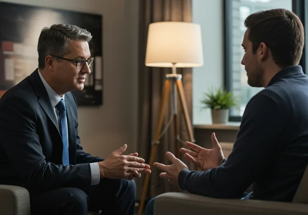 Manager and employee in a supportive, private conversation.
