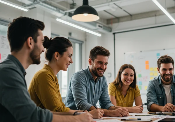 Diverse team collaborating in a positive, resilient work environment.