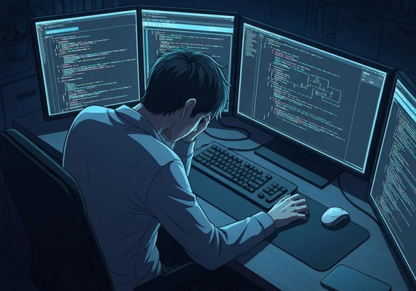 A tech professional feeling drained and overwhelmed at work