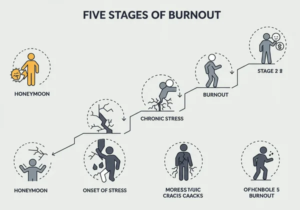 Infographic showing the five stages of burnout progression.