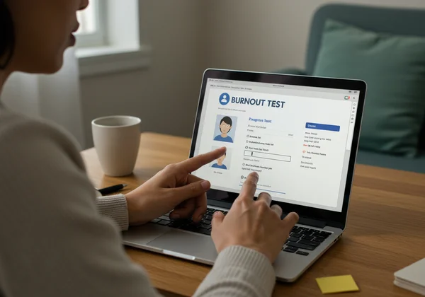Person taking an online burnout self-assessment test.