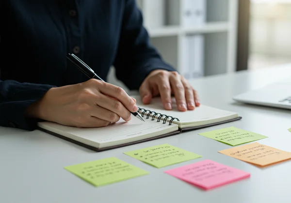 Woman preparing notes and solutions for a work discussion