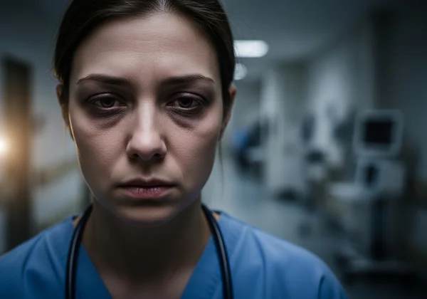 A tired healthcare professional looking overwhelmed and exhausted