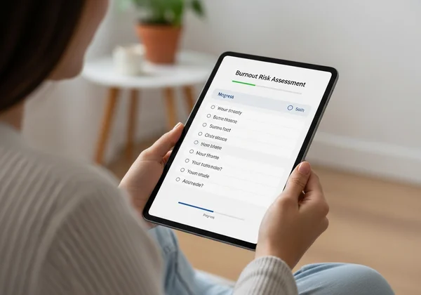 A person taking an online burnout self-assessment on a tablet