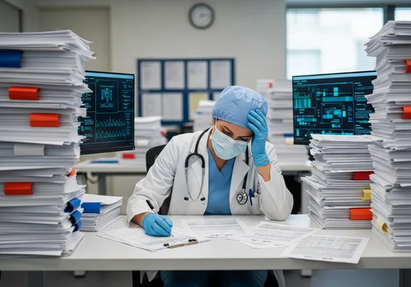 A stressed healthcare worker surrounded by endless paperwork