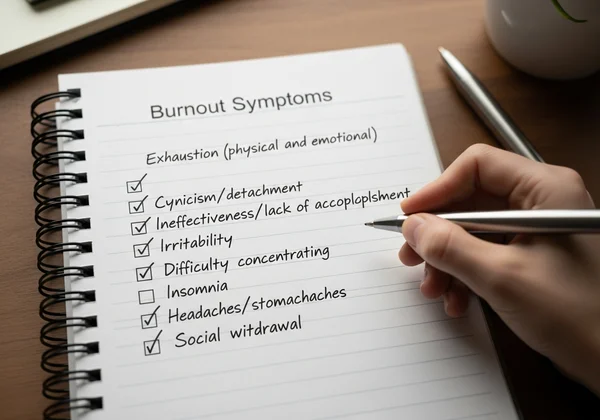 Checklist of burnout symptoms on notebook
