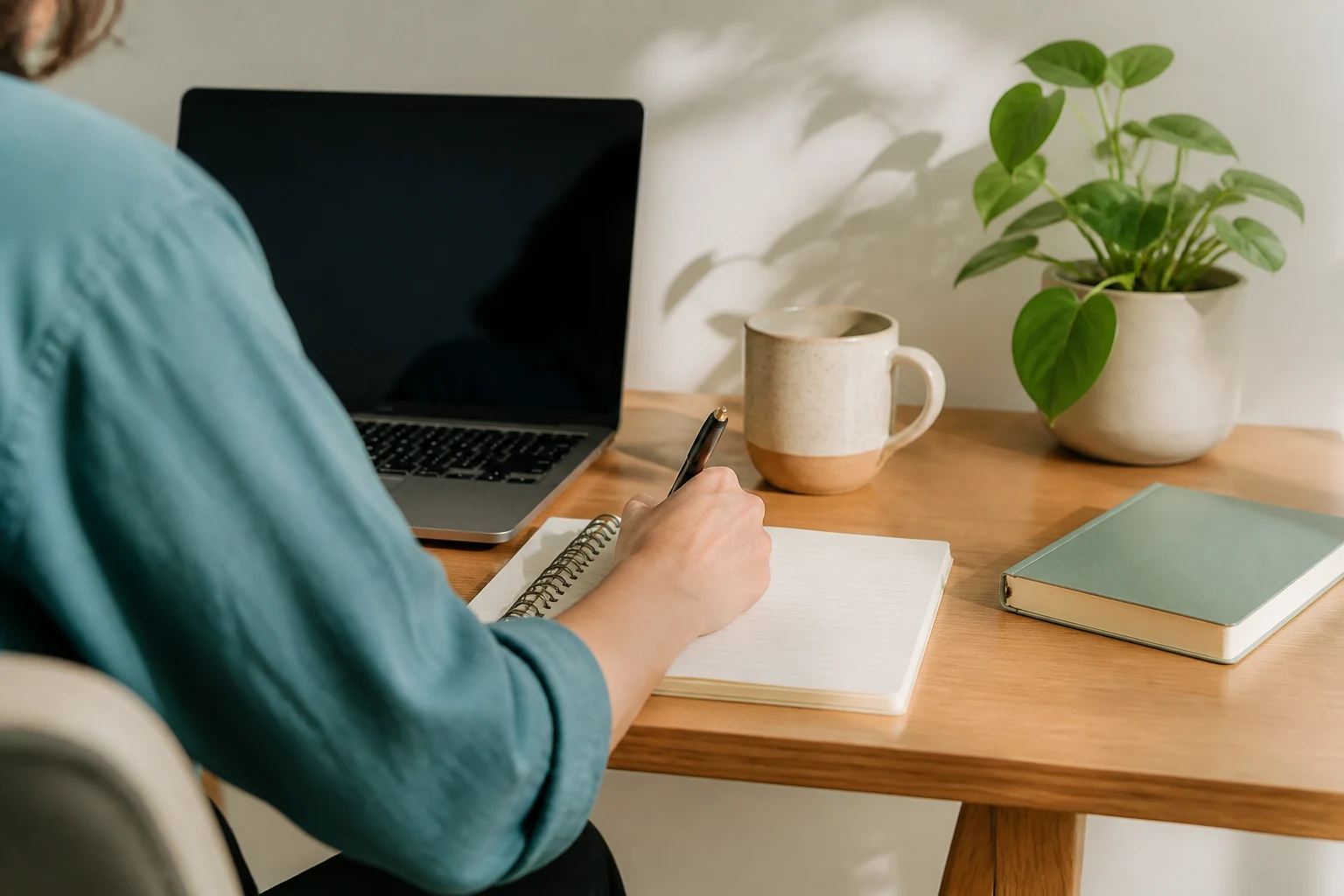 Person reflecting at desk